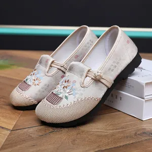 Detailed macro shot of traditional Chinese floral embroidered shoes with soft flexible soles