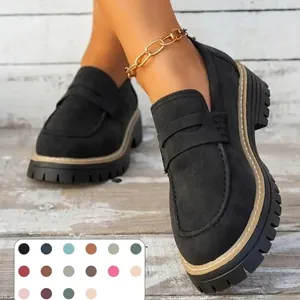 Women Chunky Sole Loafers PU Leather Round Toe Platform Casual British Style Shoes Vintage Non-Slip Flat Shoes For Daily Wear