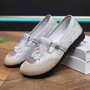Detailed view of traditional Chinese embroidered shoes with soft sole and floral patterns