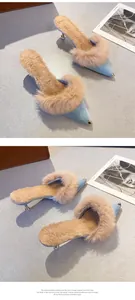 Detail view of light blue pointed-toe kitten heel mules with fluffy rabbit fur trim