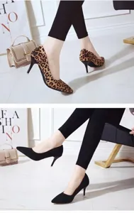 Vue détaillée d'escarpins stiletto à bout pointu en imprimé léopard et daim noir classique