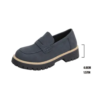 Stylish women's chunky navy blue loafers featuring a 4cm platform heel height detail