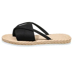 Side view of black cross-strap sandals with woven sole and white grip outsole