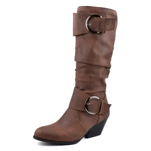 Fashionable brown slouchy leather knight boots featuring silver buckles and chunky mid-heels.