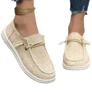 Comfortable women's casual linen loafers with slip-on flat sole and lace detail for spring