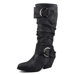 Side view of black slouchy knee-high boots with buckle details and mid block heel.