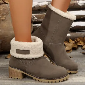 Detailed close-up view of winter suede boots with plush faux-fur lining and lug sole