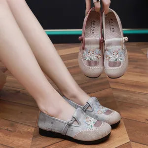 Close-up detail of Chinese ethnic style embroidered cloth shoes featuring floral patterns