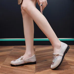 Detail of women's traditional Chinese embroidered flats with floral patterns
