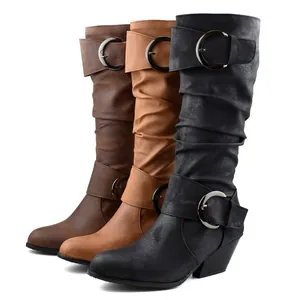 Western style women's knee-high slouchy boots with mid chunky heel and buckle straps