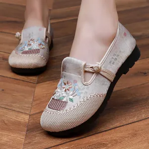 Close-up detail of traditional Chinese ethnic embroidered shoes with floral patterns and soft soles
