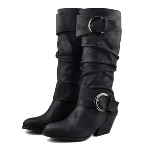 Classic women's black tall slouchy boots featuring chunky mid-heels and buckle details