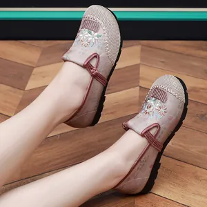 Detail view of traditional Chinese embroidered shoes with floral patterns and soft soles