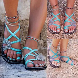 Γυναικεία σανδάλια boho με πλεκτό σχοινί σε τιρκουάζ για την παραλία και το καλοκαίρι
