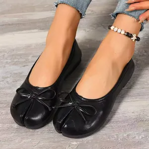 Elegant black split-toe ballet flats with a delicate bow detail for women shoes