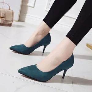 Escarpins élégants en daim vert foncé à bout pointu et talons aiguilles pour femme