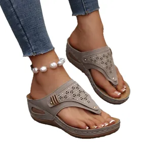 Womens gray wedge thong sandals with hollow-out pattern and comfortable platform sole