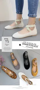 Detailed view of round toe ballet flats with cross elastic straps in multiple colors.