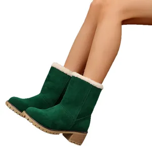 Stylish winter green suede boots with warm faux fur trim and block heel for women