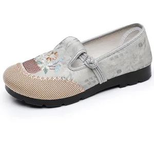 Chinese style embroidered flat shoes with floral pattern and mesh toe for women