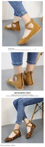 Detailed view of round toe flat shoes with elastic ankle straps and back zipper.