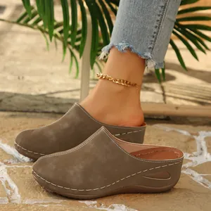 Detailed side view of women's closed-toe platform mules featuring decorative white stitching