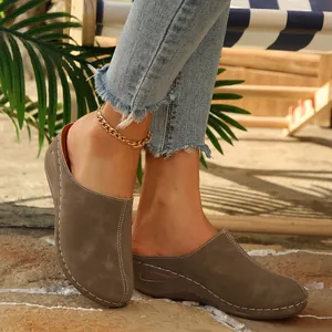 Stylish brown closed-toe platform mules for women shown in a sunny outdoor setting.