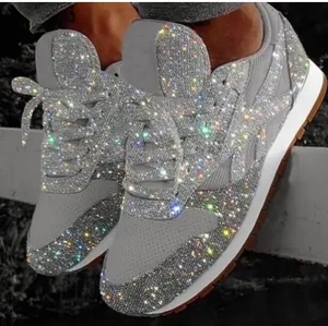 Women Rhinestone Sequin Platform Sneakers Breathable Shiny Bling Lace Up Casual Sports Shoes Thick Sole Walking Footwear