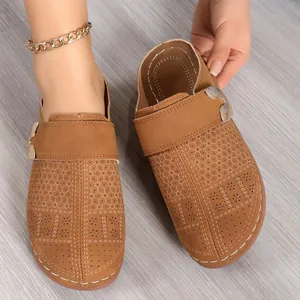 Casual brown closed-toe mule slippers for women with elegant hollow-out patterns and buckle