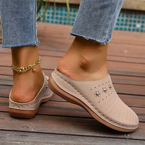 Women's Hollow-out Perforated Mules Clogs Studded Round Toe Wedge Platform Slippers Breathable PU Leather Summer Casual Shoes
