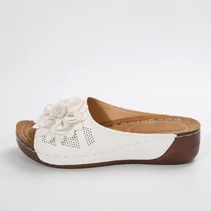 Summer women's white wedge slide sandals with decorative flower and open toe