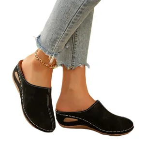Comfortable black closed-toe platform mules for women with contrast white stitching.