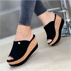 Women Summer Wedge Platform Slippers Open Toe PU Leather Cork Texture Sole High Heel Casual Slides Sandals For Women