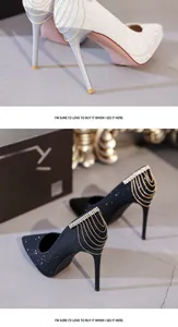 Detail von Stiletto-Pumps mit spitzer Zehenpartie und kaskadierendem Strass-Fransen