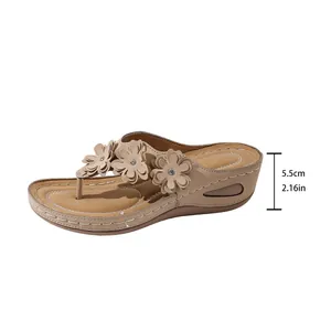 Detail showing the 5.5cm heel height of these stylish flower-decorated wedge thong sandals