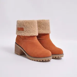 Detailed view of women's orange suede snow boots with faux fur collar