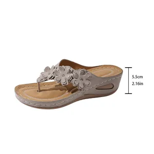 Detail showing the 5.5cm wedge heel height of this floral decorated flip-flop.