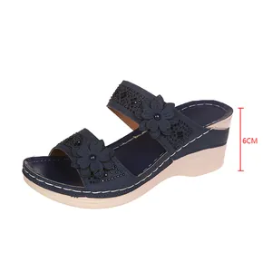 Detailed close-up of navy wedge sandals featuring a 6cm heel and stylish floral decor.