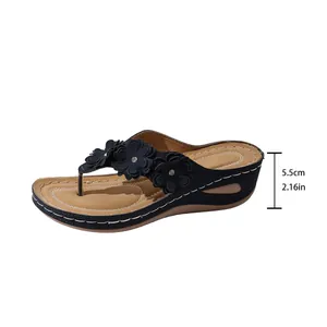 Detail view of navy floral wedge sandal showing 5.5cm (2.16in) heel height measurement