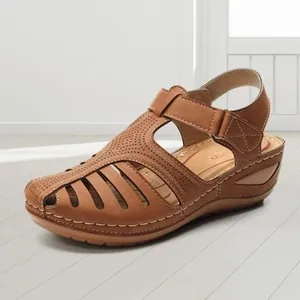 Vintage brown closed-toe wedge sandals with perforated hollow-out design for women