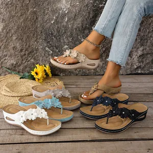 Women Wedge Flip Flops Floral Rhinestone Summer Beach Sandals High Heel Casual Platform Slippers For Vacation Ladies Sandals