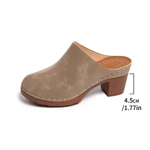 Elegant brown chunky heel clogs for women with a closed-toe British style design