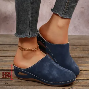 Stylish navy blue suede wedge mules for women with 5.5cm comfortable platform heel