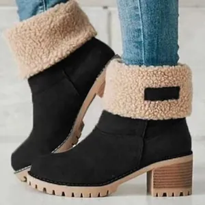 Fashionable black winter snow boots for women with thick chunky heel and beige faux fur collar