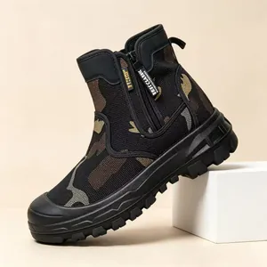Detail view of men's camouflage high-top outdoor combat boots with side zipper
