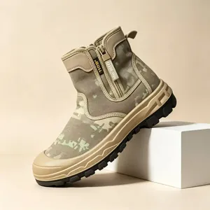 Side view of camouflage outdoor tactical boots with side zipper and durable anti-slip sole