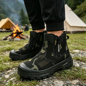 Close-up of men's camouflage hiking boots with side zipper and rugged anti-slip sole