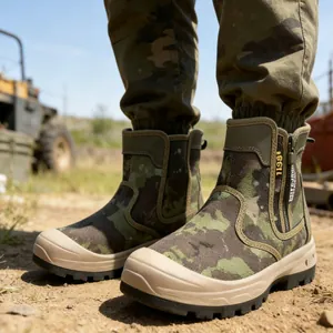 Detailed view of camouflage tactical boots featuring a side zipper and rugged outsole