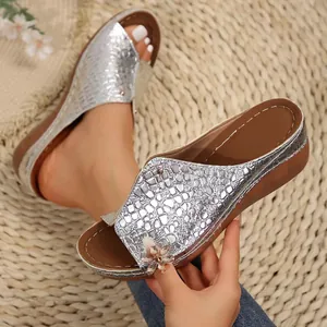 Elegant silver crocodile pattern wedge sandals for women with floral rhinestone detail