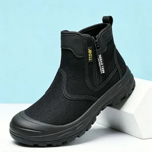 Close-up of black breathable mesh outdoor boot featuring a secure side zipper closure